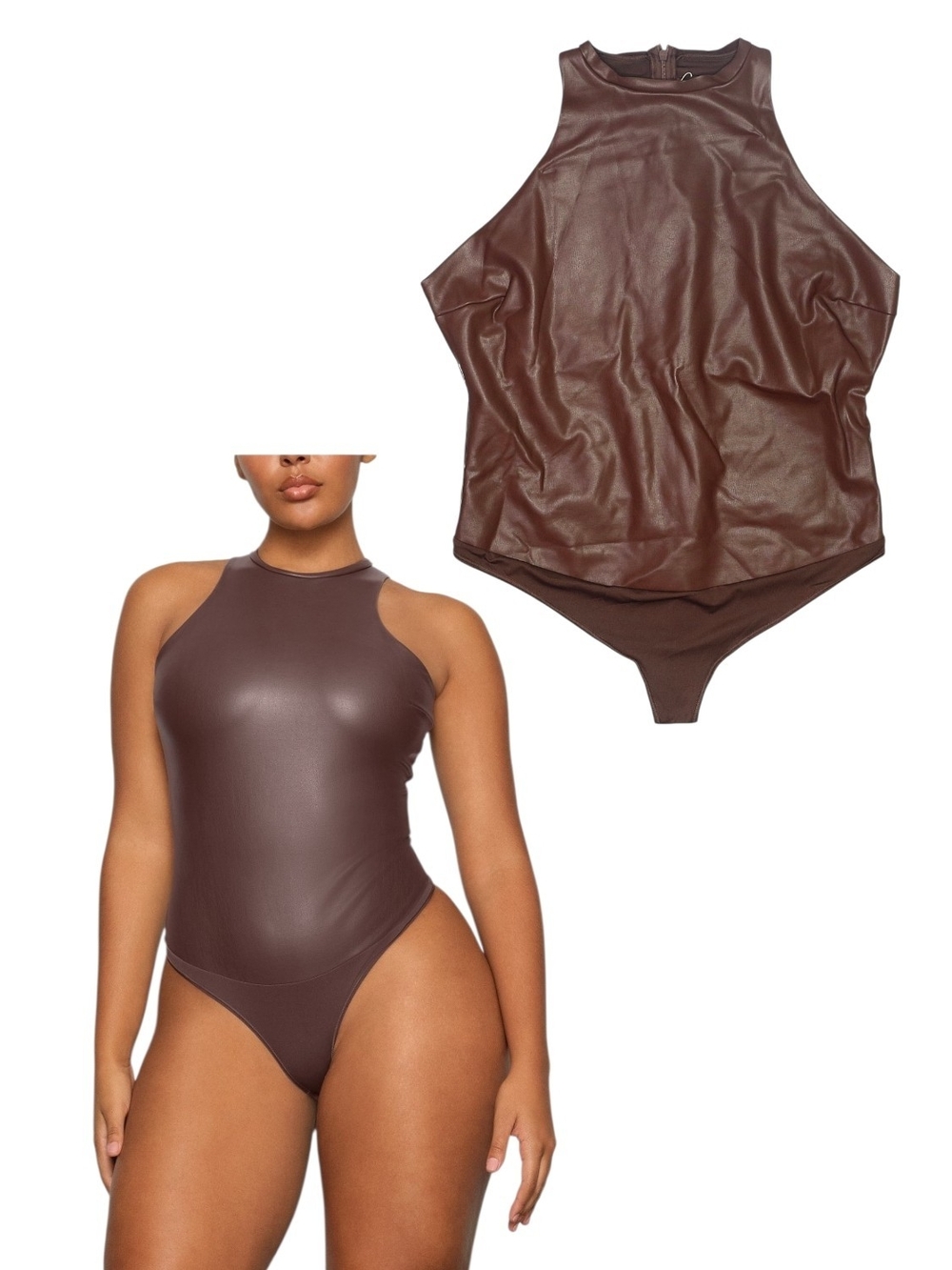 NWT SKIMS Cocoa Brown Faux Leather High Neck Sleeveless Thong Bodysuit Womens 4X